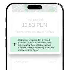 Uber cennik: zarobek 11,53 PLN, doliczona opłata za czekanie i napiwek pasażera.
