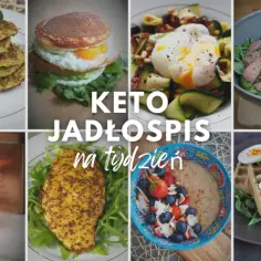 Keto jadłospis na tydzień: placki cukiniowe, jajko sadzone z plackiem, sałatka z jajkiem w koszulce, steki, koktajl, kurczak i owsianka z owocami. Idealne dla dieta lchf.