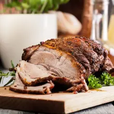 Rozpływająca się karkówka z piekarnika, soczysta i aromatyczna, podana z ziołami na desce.