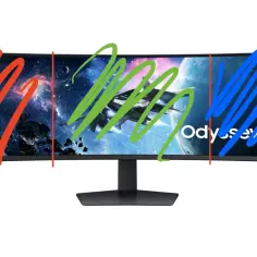 Jak podzielić ekrany na dwa monitory? Wyobraź sobie, że ten zakrzywiony monitor Samsung Odyssey G9 jest podzielony na trzy strefy, jak pokazują kolorowe linie.
