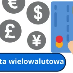 Dłoń trzyma kartę wielowalutową, a w tle symbole euro, dolara i jena.