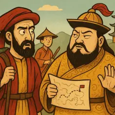 Marco Polo, z mapą w ręku, rozmawia z mongolskim władcą. Ciekawostki z podróży w tle.