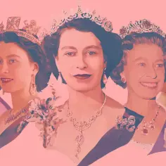 Portret królowej Elżbiety II w różnych etapach życia, od dzieciństwa po wiek dojrzały. Widać jej dzieci królowej Elżbiety.