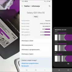 Sprawdzanie IMEI iPhone na pudełku i w ustawieniach telefonu. Widoczne numery IMEI i SN.
