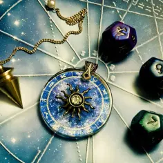 Wahadło i kostki do gry na tle horoskopu. Koziorożec żywioł i inne symbole astrologiczne.