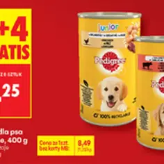 Puffi karma dla psa Pedigree w puszkach z wizerunkami szczeniąt. Promocja 4+4 gratis.