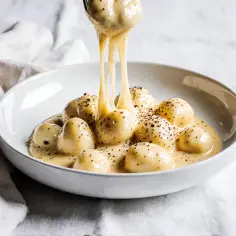 Puszyste gnocchi w sosie śmietanowo-serowym, posypane pieprzem, ciągnące się na łyżce.