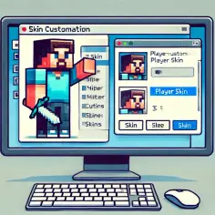 Jak zmienić skina w Minecraft? Na ekranie komputera widać okno "Skin Customation" z postacią Steve'a i opcjami wyboru wyglądu.