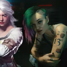 Ciri w stylu cyberpunk, obok niej postać z kolorowymi włosami i tatuażami.