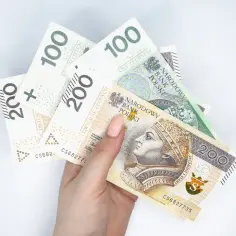 Dłoń trzyma polskie banknoty 100 i 200 zł. To może być dodatek energetyczny, który pomoże w opłaceniu rachunków.