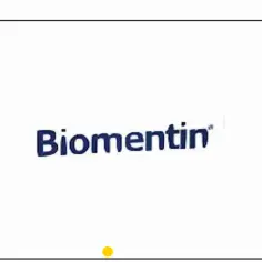 Niebieski napis "Biomentin" na białym tle.