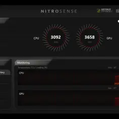 Monitorowanie temperatury procesora i GPU w aplikacji NitroSense. Widoczne obroty wentylatorów CPU i GPU, wykresy obciążenia i temperatury.