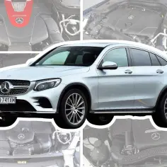 Srebrny Mercedes GLC używany z salonu, z widokiem na silnik AMG.