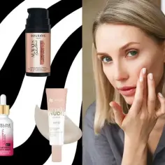 Kobieta aplikuje na twarz najlepszą bazę pod makijaż. Obok produkty Bielenda, Bourjois, Eveline i Wings.