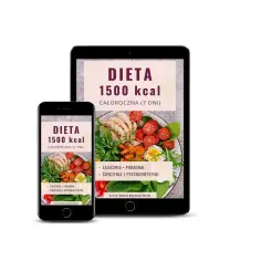 Telefon i tablet z grafiką diety 1500 kcal, danie z kurczakiem i warzywami.