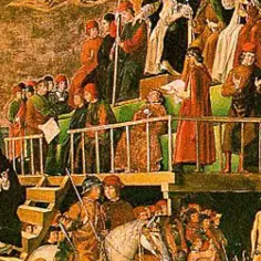 Scena z procesem, gdzie widać ludzi w strojach z epoki, sugerująca proces inkwizycji.