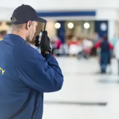 Ochroniarz w galerii handlowej, z radiotelefonem w ręku, pilnuje porządku. Zastanawiasz się, ile zarabia ochroniarz w galerii?