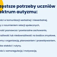 Najczęstsze potrzeby uczniów z zespołem Aspergera: trudności w komunikacji, rozumieniu relacji społecznych, sztywność poznawcza, nadwrażliwość zmysłowa, problemy z organizacją, potrzeba rutyny, trudności z samoregulacją.
