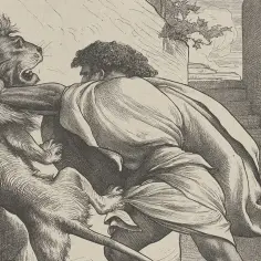 Samson z biblii, w akcie heroicznej walki, gołymi rękami rozrywa lwa.