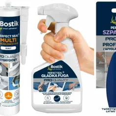 Bostik Perfect Seal: uszczelniacz do drewna w tubie, spray do fug i szpachelka do wygładzania spoin.