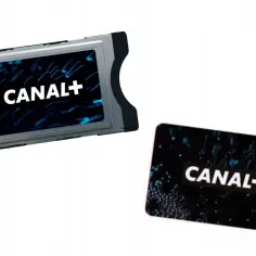 Moduł CI+ Canal+ za darmo. Dwie karty z logo Canal+ na czarnym tle.