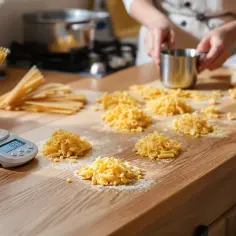 Waga pokazuje 93.5g. Ile gram suchego makaronu na osobę? Na blacie leżą porcje makaronu i spaghetti.