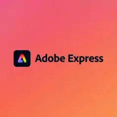 Logo Adobe Express z tęczową literą "A" na tle gradientu różowo-pomarańczowego. Szybkie tworzenie grafiki z Adobe Express.