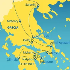 Mapa Grecji z zaznaczonymi trasami turystycznymi: Saloniki, Meteory, Delfy, Termopile, Ateny, Agioi Apostolii, Mykeny, Epidauros, Nafplion, Olimpia na Peloponezie. Odkryj uroki Hellady!