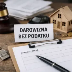 Darowizna od rodziców bez podatku. Klucze do domu, formularz SD-Z2 i młotek sędziowski symbolizują transakcję.