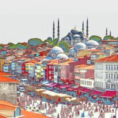 Tętniący życiem bazar w Stambule, z widocznymi minaretami i kopułami meczetów. Czy Stambuł jest bezpieczny? Tłumy ludzi spacerują, kupują i cieszą się atmosferą.