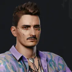 Dawid Podsiadło w stylu cyberpunk, z cybernetycznymi implantami na twarzy i kolorową koszulą.