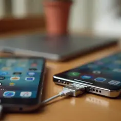 Dwa telefony podłączone kablem USB do pendrive'a. Szybki sposób, jak zgrać zdjęcia z tel na pendrive.