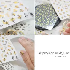 Złote naklejki na paznokcie z motywem roślinnym. Dowiedz się, jak przykleić naklejki na paznokcie, by stworzyć efektowny manicure.