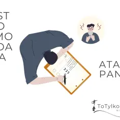 Test do samobadania. Czy doświadczasz ataków paniki? Ilustracja przedstawia osobę wypełniającą kwestionariusz, obok symbol osoby z objawami lęku.