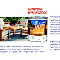 Olej tungowy LuxDecor do mebli ogrodowych. Naturalne wykończenie, odporne na czynniki atmosferyczne, lepsze niż olej lniany.