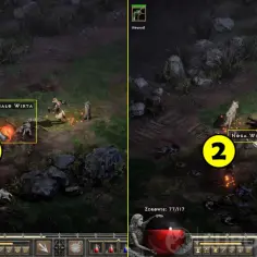 Dwie sceny z gry Diablo 2. W pierwszej (1) postać walczy z potworami, w drugiej (2) widać pole bitwy po walce. To jest krowi poziom diablo 2.