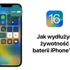 Ekran iPhone'a z centrum sterowania, pokazujący ikonę baterii 100%. Obok logo iOS 16 i tekst "Jak wydłużyć żywotność baterii iPhone'a?".