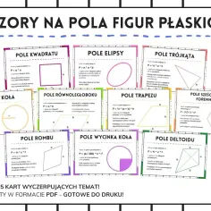 Zbiór wzorów na pola figur płaskich: kwadrat, koło, elipsa, trójkąt, trapez, romb, sześciokąt, wycinek koła, deltoid. Matematyka geometria.