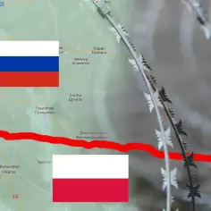 Mapa Kaliningradu z flagami Rosji i Polski, oznaczona czerwona linia i drut kolczasty. Obszar graniczy z Białorusią.