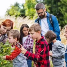 Dzieci z opiekunem i kierownikiem wycieczki badają rośliny. Czy kierownik wycieczki może być opiekunem? Tak, gdy jest zaangażowany i troszczy się o bezpieczeństwo.