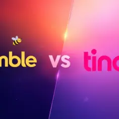 Logo bumble aplikacja obok napisu "vs tinder" na tle gradientu.