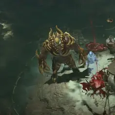 W Diablo 4 jak przywołać golema? Potężny potwór z rogami i szponami walczy z innymi postaciami w mrocznym lochu.