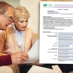 Para seniorów analizuje dokument ZUS, przygotowując wniosek o emeryturę.