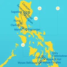 Mapa pokazuje, gdzie leżą Filipiny, z zaznaczonymi miastami jak Manila, Cebu i wyspami.