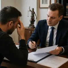 Mężczyzna w garniturze pokazuje dokumenty, sugerując wzór odwołania od decyzji lekarza orzecznika ZUS.