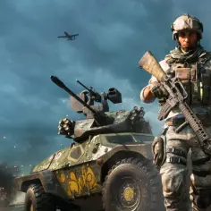 Żołnierze gotowi do walki na polu bitwy w Battlefield 2042 kampania. W tle pojazd opancerzony i drony.