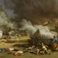 Bitwa pod Tuileries, symbole rewolucji francuskiej: dym, ogień, polegli żołnierze i sztandar wolności.