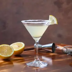 Orzeźwiający Martini Bianco z cytryną i solą na kieliszku, obok połówki cytryny i oliwek.