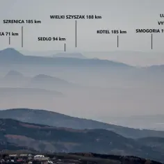 Widok na pasmo górskie, z zaznaczonymi szczytami Karkonoszy, takimi jak Wielki Szyszak i Szrenica, w oddali.