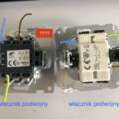 Schemat jak podłączyć podwójny włącznik światła. Dwa włączniki podwójne z widocznymi przewodami i oznaczeniami.